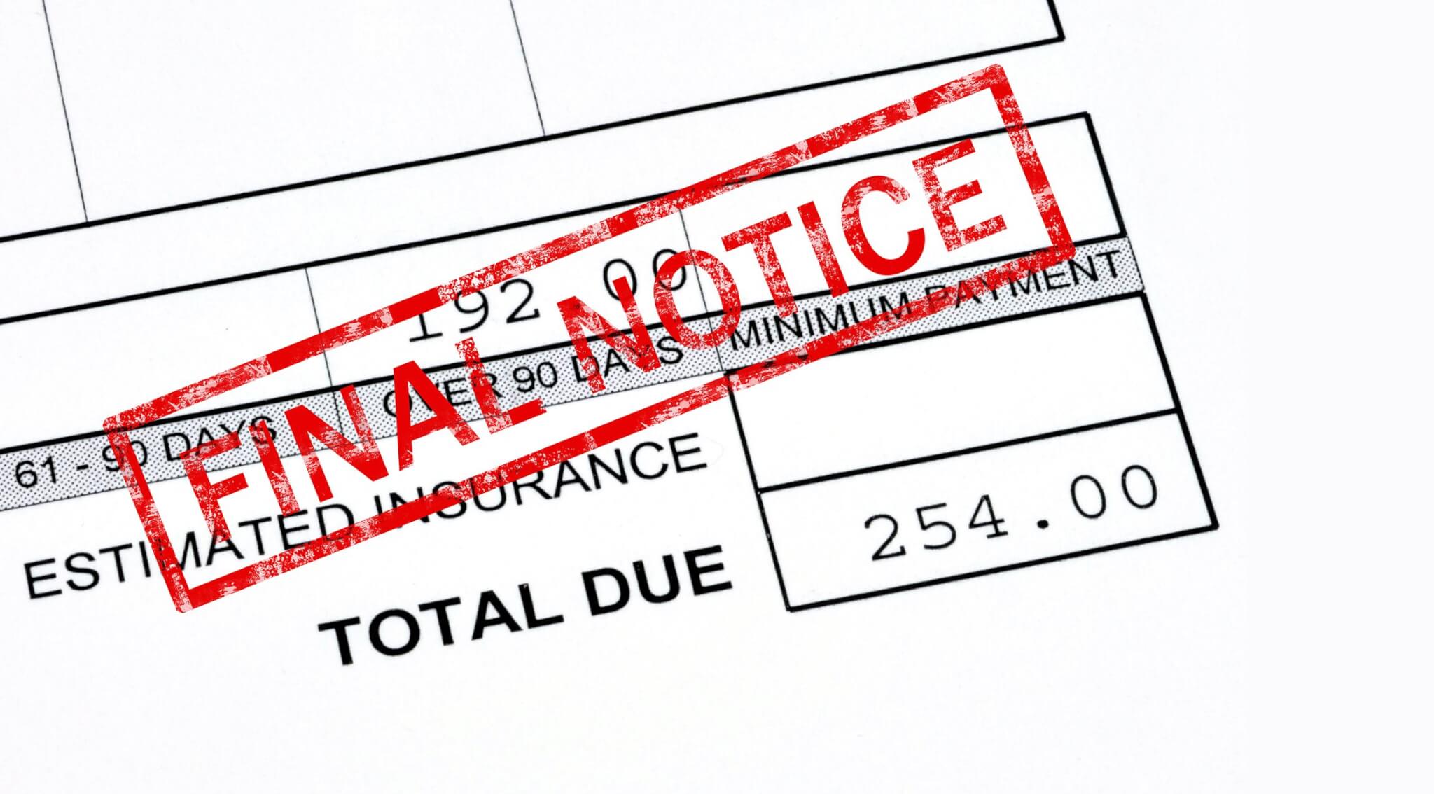 A close-up of a bill showing a total due of $254.00, with a red FINAL NOTICE stamp across the page. The bill includes an insurance charge and payment timeline.