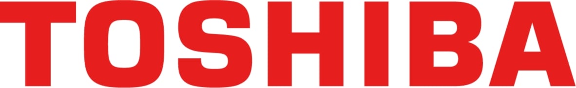 The image shows the TOSHIBA logo in bold, red capital letters on a white background.
