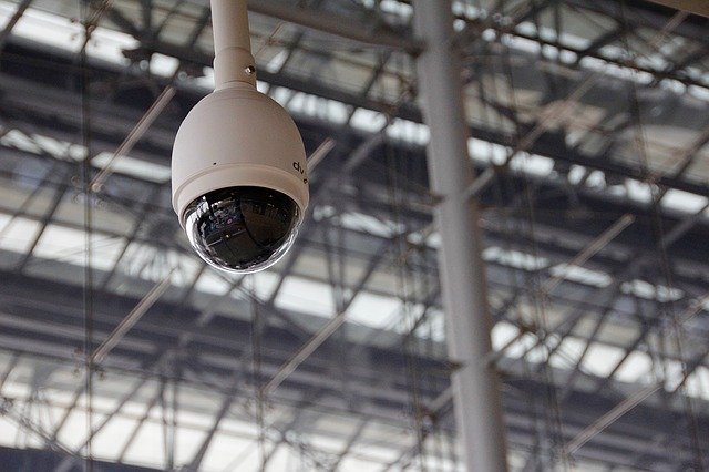 360 surveillance system camera for monitoring factory space.