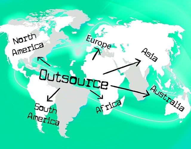 An illustration of the map of the world showing outsourcing to other continents, symbolizing services every small business should outsource.