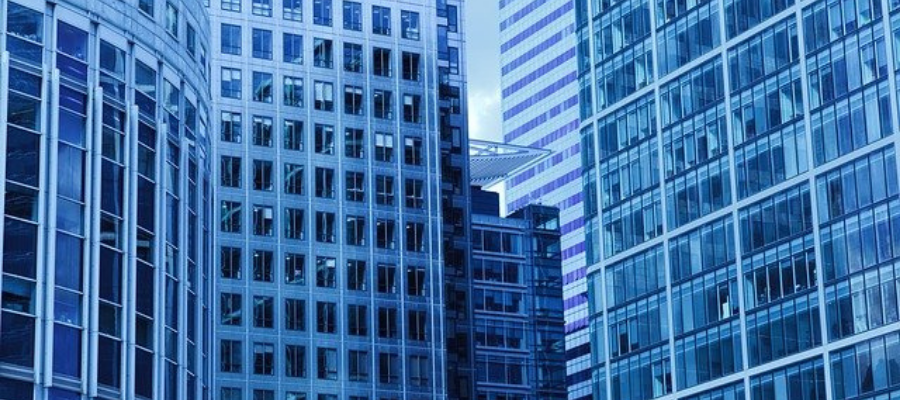 Corporate office building, symbolizing places to install security cameras for businesses.