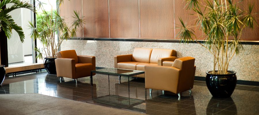 sofa chairs and loveseat in a medical office waiting room