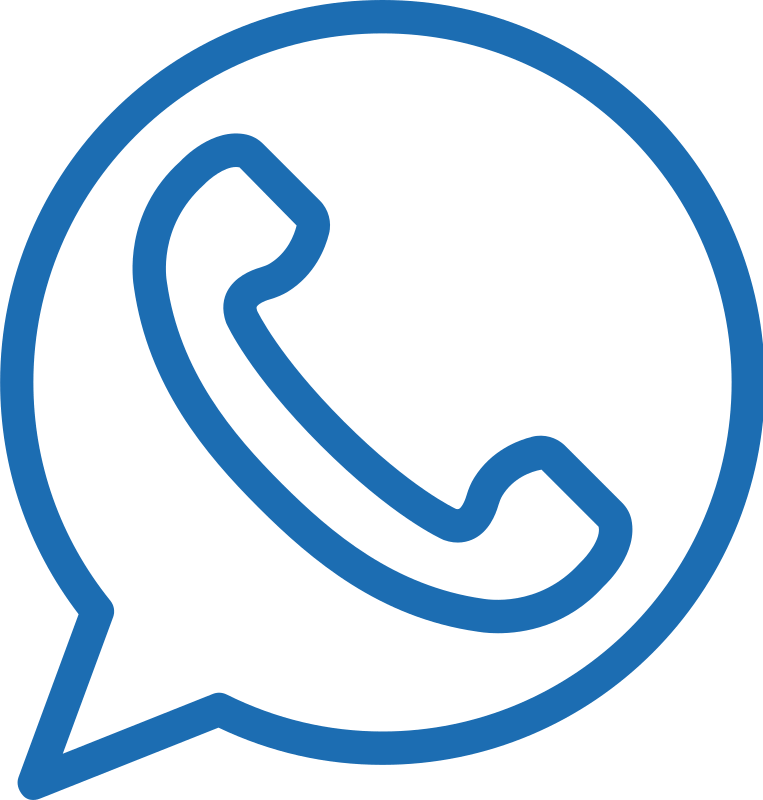 A blue outline of a phone receiver inside a speech bubble, resembling the WhatsApp logo, on a white background.