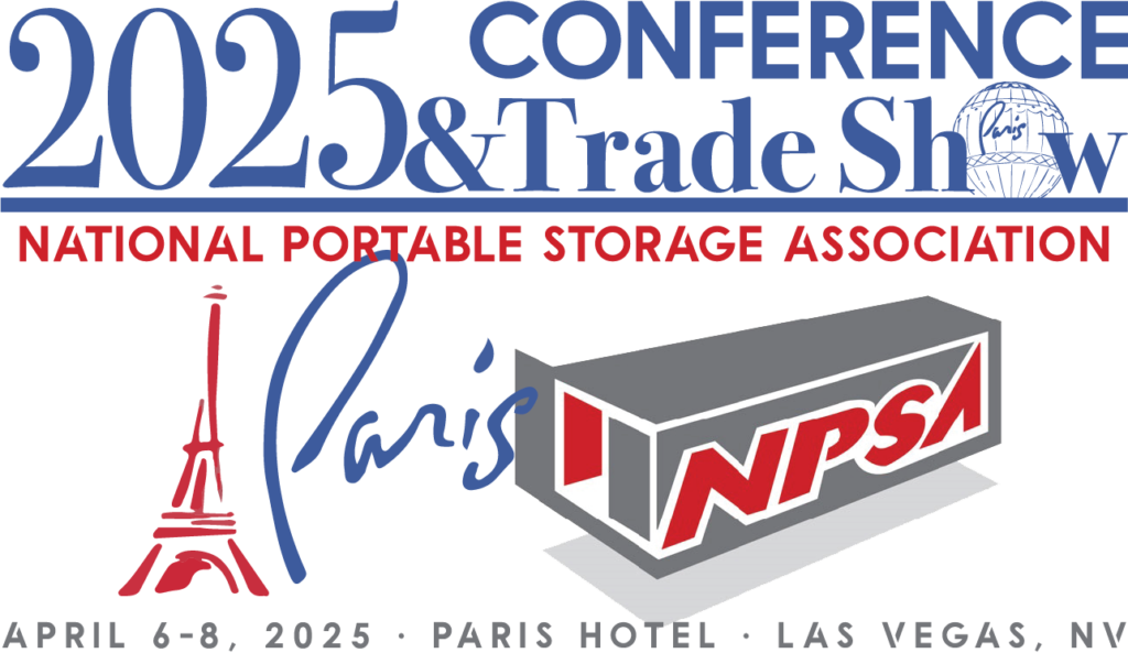 Logo for the 2025 National Portable Storage Association Conference & Trade Show at Paris Hotel, Las Vegas, April 6-8. Includes Eiffel Tower graphic and NPSA logo.
