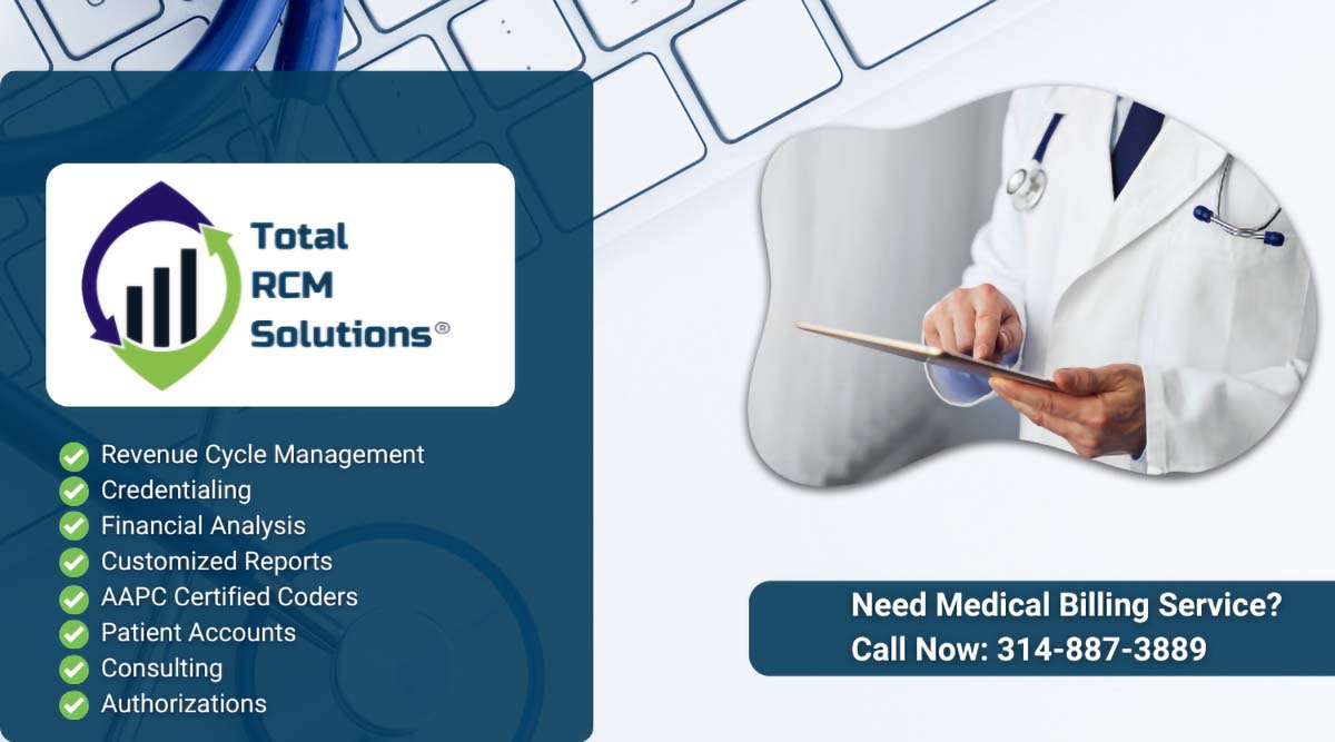 A medical billing service ad showing a doctor with a stethoscope using a tablet. The left side lists services like Revenue Cycle Management and Credentialing, with contact number 314-887-3889 for Total RCM Solutions.
