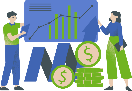Two illustrated people stand by a large presentation board showing a rising graph and bar chart. Stacks of money and dollar signs are in the foreground, symbolizing financial growth or business success.