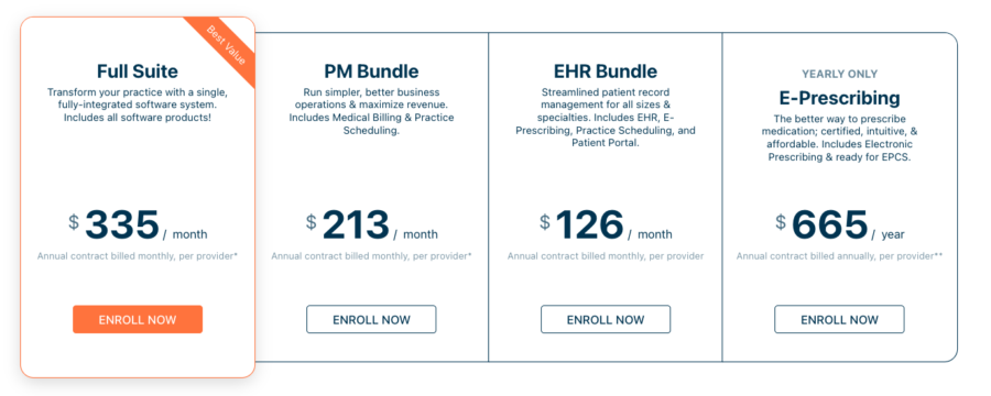 Pricing table showing four healthcare software bundles: Full Suite at $335/month, PM Bundle at $213/month, EHR Bundle at $126/month, and Yearly E-Prescribing at $665/year. Each has an Enroll Now button.