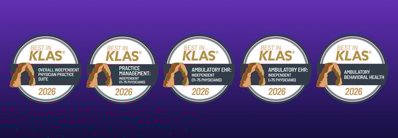Five circular Best in KLAS 2026 award badges are displayed in a row against a purple background, each highlighting a different healthcare category for independent and ambulatory practices.
