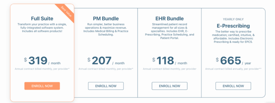 Four software pricing plans are shown: Full Suite ($319/month), PM Bundle ($207/month), EHR Bundle ($118/month), and E-Prescribing ($665/year), each with different feature descriptions and “ENROLL NOW” buttons.