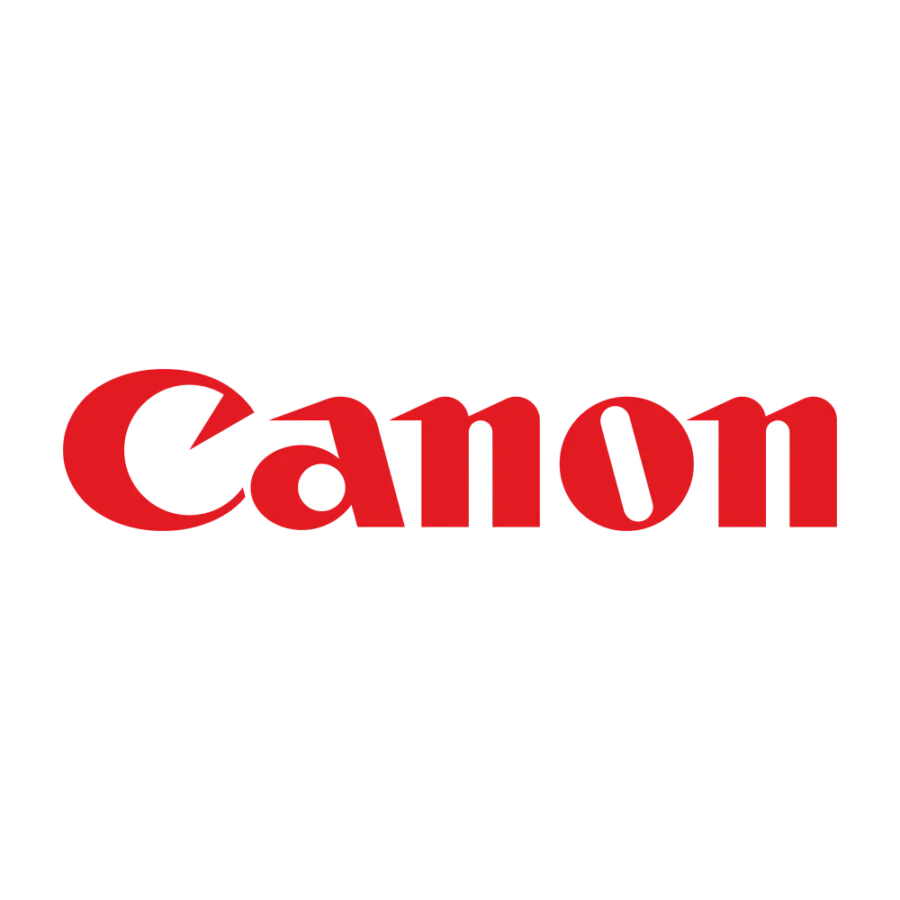 The image shows the Canon logo, featuring the word Canon in bold, stylized red letters on a white background.