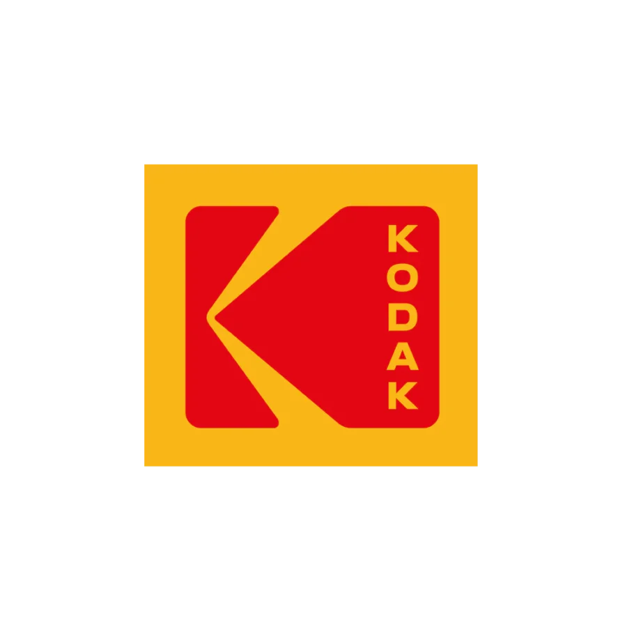 The image shows the Kodak logo: a bold red K inside a yellow square, with the word KODAK written vertically in red on the right side of the K.