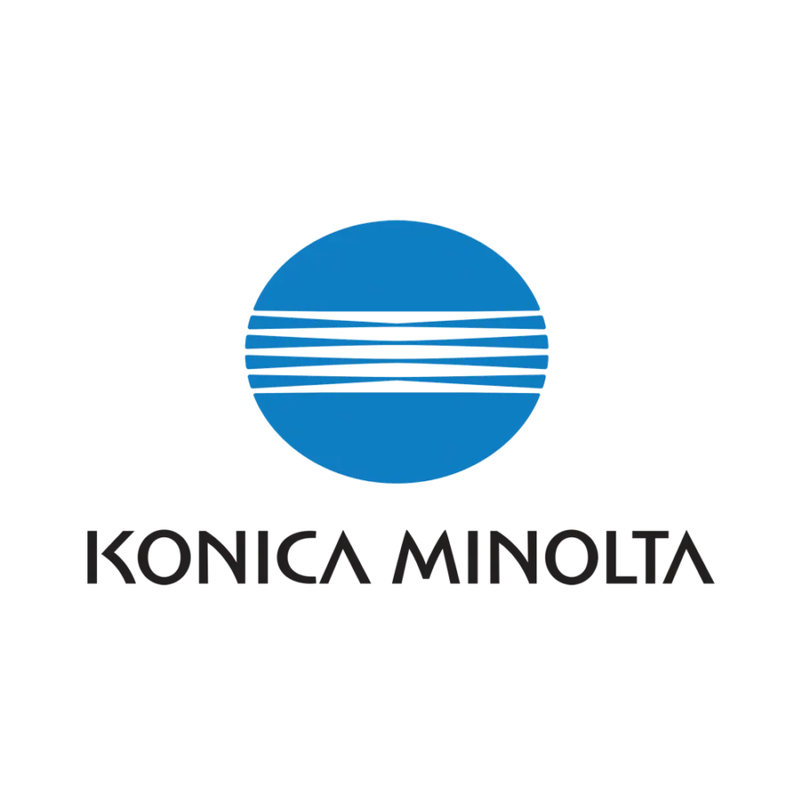 Blue circle with white horizontal stripes and pixel-like accents, representing the Konica Minolta logo, with the words Konica Minolta in black text below.