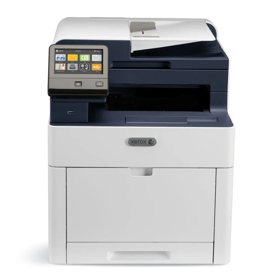 A white and dark blue Xerox multifunction printer with a touchscreen display, paper tray, and document feeder on top. The Xerox logo is visible on the front panel.
