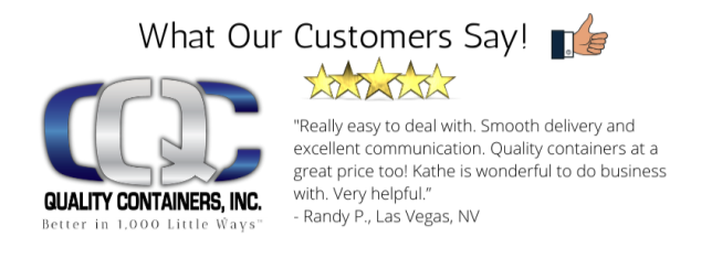 Quality Containers, Inc. customer testimonial with a five-star rating, thumbs-up emoji, and company logo. The review praises easy service, good communication, and helpful staff.