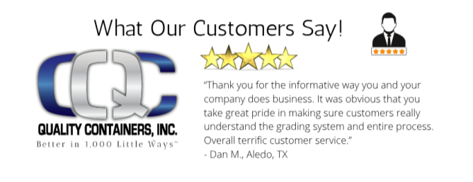 A customer testimonial for Quality Containers, Inc. features a five-star rating, a customer icon, and a quote praising the companys informative service and customer care. The company logo and slogan are also displayed.