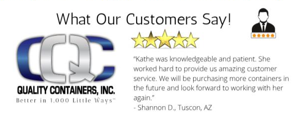 Testimonial for Quality Containers, Inc. with company logo, five gold stars, customer review praising Kathes service, and a silhouette icon with a five-star rating.