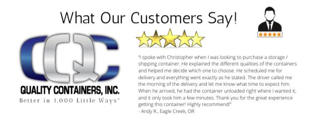 Testimonial for Quality Containers, Inc. featuring a 5-star rating, company logo, and a customer quote praising employee Christopher for excellent service in container delivery and setup. Includes silhouette of a person in a suit and tie.