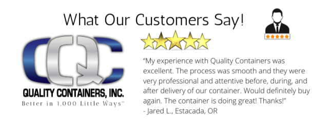 A customer testimonial graphic for Quality Containers, Inc. shows a 5-star rating, a customer quote praising their service, the company logo, and a silhouette icon of a person. The tagline reads Better in 1,000 Little Ways.