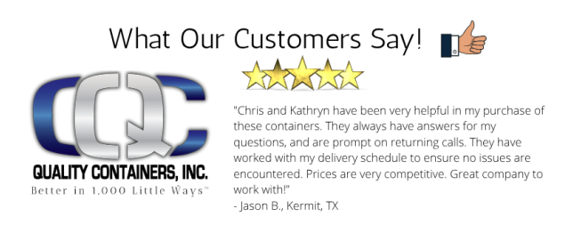 A customer testimonial for Quality Containers, Inc. features a 5-star rating, a thumbs up emoji, and the company logo. The testimonial praises their helpfulness, promptness, and competitive prices.