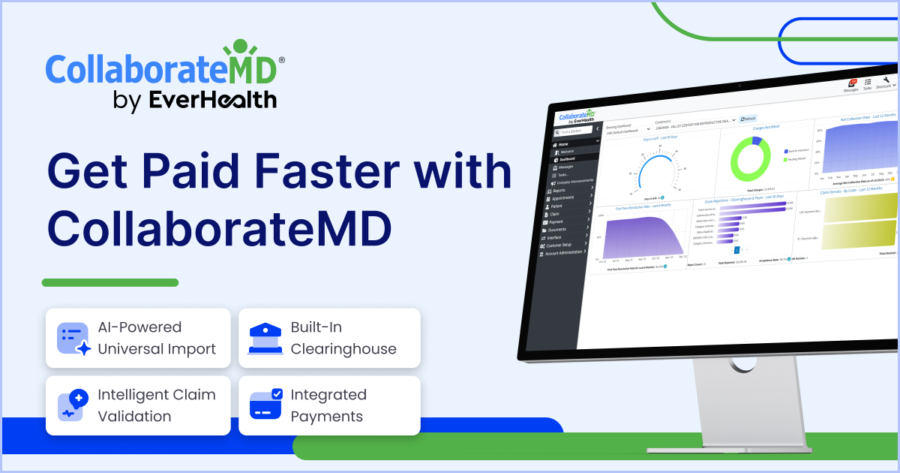 A promotional graphic for CollaborateMD by EverHealth shows a computer displaying analytics dashboards. Text reads: “Get Paid Faster with CollaborateMD.” Four feature icons highlight AI-powered claims, validation, clearinghouse, and integrated payments.
