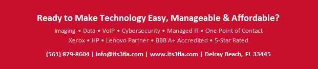 Red banner with white text promoting IT services, including imaging, data, VoIP, cybersecurity, and managed IT. Contact info, website, location, and accreditations are listed.