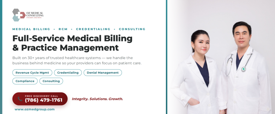 Two healthcare professionals, a woman and a man in white lab coats, stand side by side. Text promotes full-service medical billing, listing key services and displaying a contact number for a free discovery call.